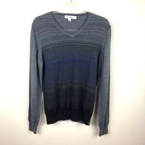 Calvin Klein Grey Blue Striped V-Neck Sweater Med